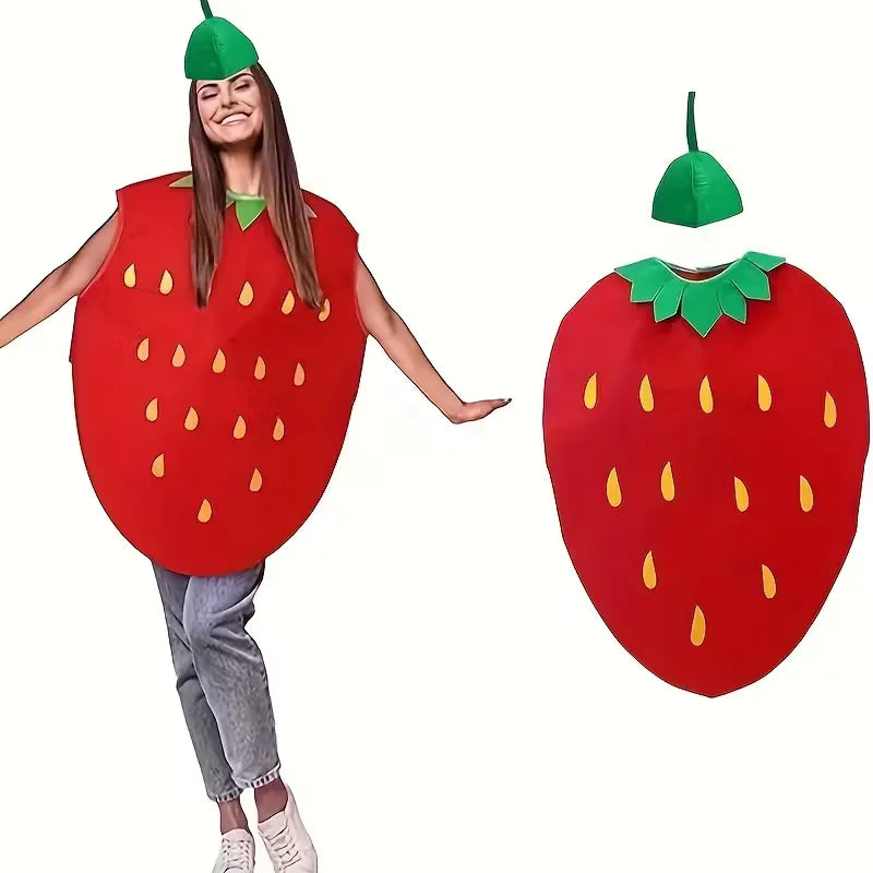 Strawberry costume with green leaves and headpiece for carnival