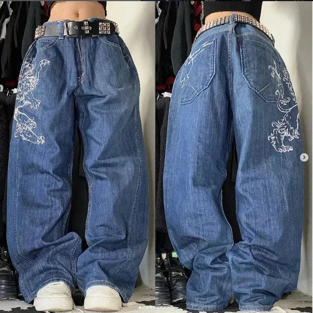 Ladies' Denim Baggy Jeans with Cargo Pockets and Wide Legs