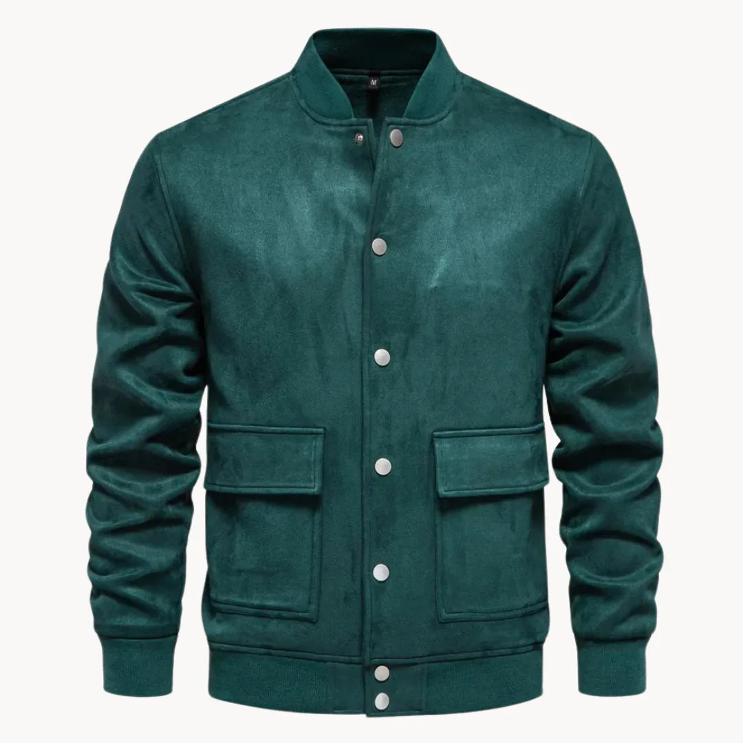 Hugo | Suede bomber jacket with round neck and press stud fastening