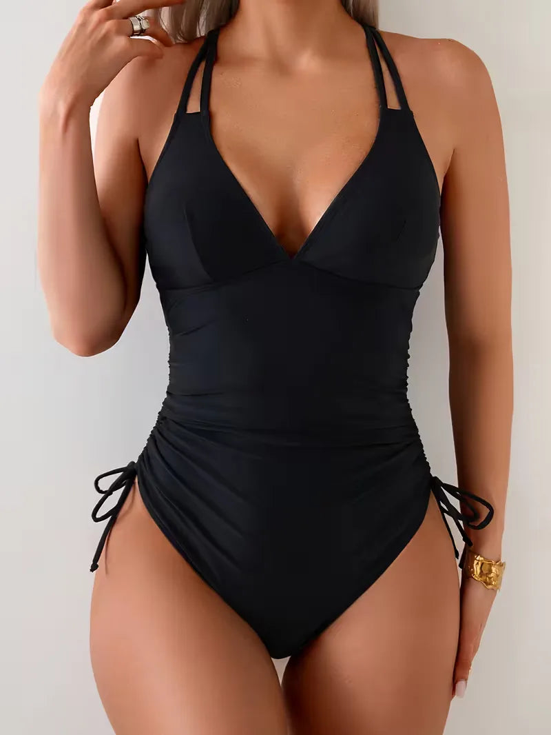 Swimsuit with V-neck and adjustable side straps