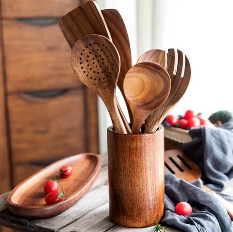 Teak Wooden Kitchen Utensil Holder - Stylish - Durable - Functional