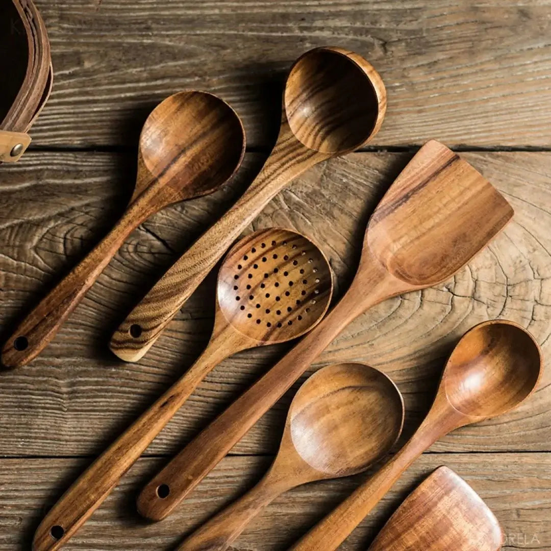Set de utensilios de cocina de madera de teca - Duradero - Elegante - Funcional
