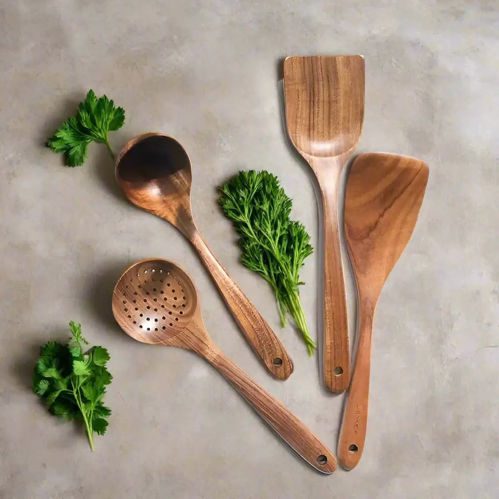 Set de utensilios de cocina de madera de teca - Duradero - Elegante - Funcional