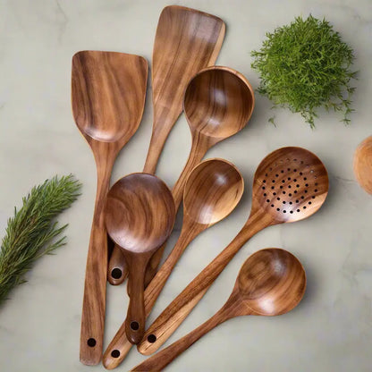 Set de utensilios de cocina de madera de teca - Duradero - Elegante - Funcional