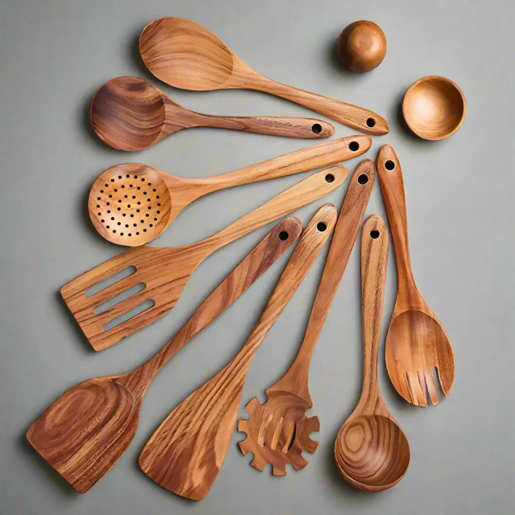 Set de utensilios de cocina de madera de teca - Duradero - Elegante - Funcional