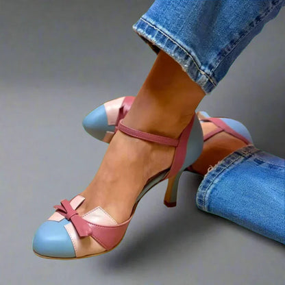 Zapatos de tacón románticos para mujer con correa en el tobillo y lazo en la puntera