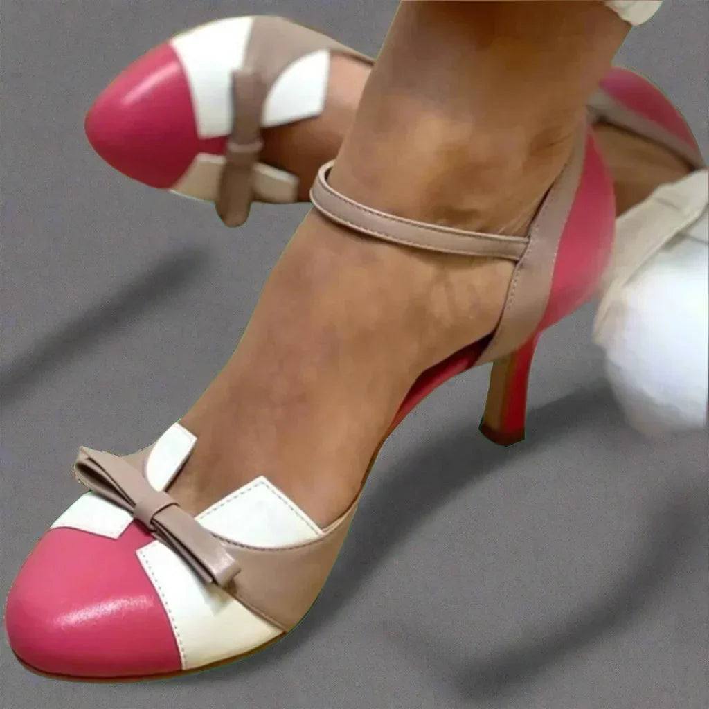 Zapatos de tacón románticos para mujer con correa en el tobillo y lazo en la puntera