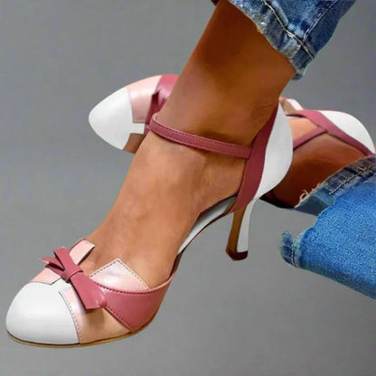 Zapatos de tacón románticos para mujer con correa en el tobillo y lazo en la puntera