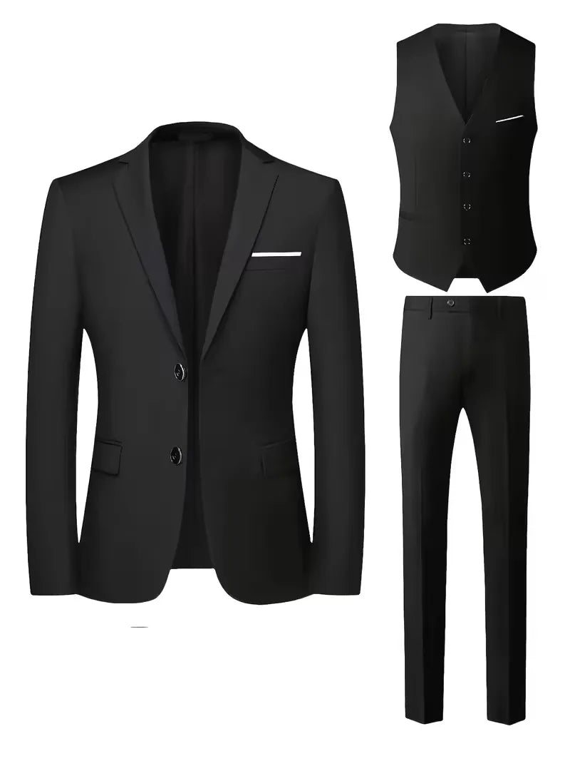 Three-piece men's suit with slim fit and glossy finish