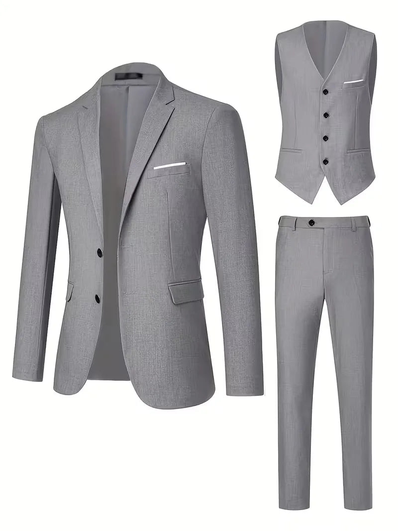 Three-piece men's suit with slim fit and glossy finish