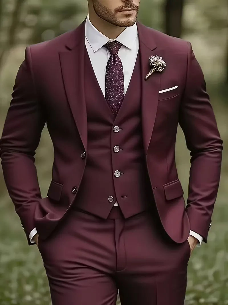 Three-piece men's suit with slim fit and glossy finish