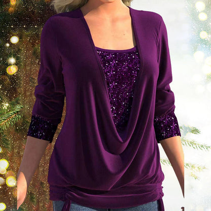 Ladies' Festive Blouse with Waterfall Neckline and Sequins