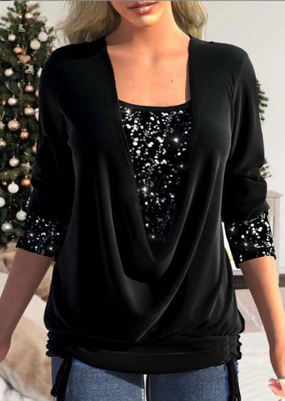 Ladies' Festive Blouse with Waterfall Neckline and Sequins