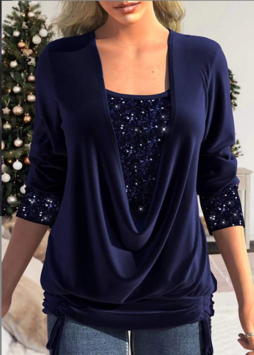 Ladies' Festive Blouse with Waterfall Neckline and Sequins