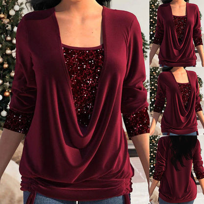 Ladies' Festive Blouse with Waterfall Neckline and Sequins