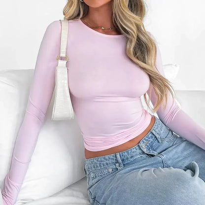 Elegant Ladies' Top with Long Sleeves and Straight Neckline