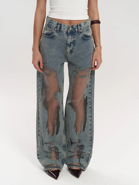 Transparente Damenjeans mit hoher Taille und geradem Bein