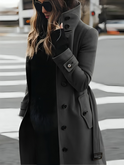 Ladies Elegant Trench Coat with High Collar and Belt