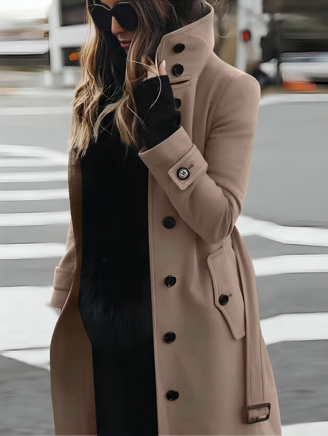 Ladies Elegant Trench Coat with High Collar and Belt