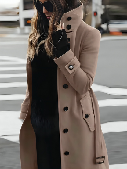 Ladies Elegant Trench Coat with High Collar and Belt