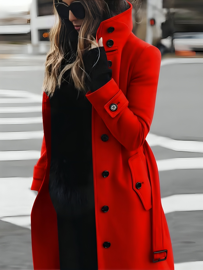 Ladies Elegant Trench Coat with High Collar and Belt