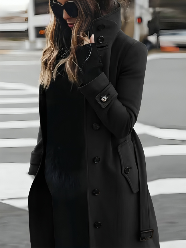 Ladies Elegant Trench Coat with High Collar and Belt