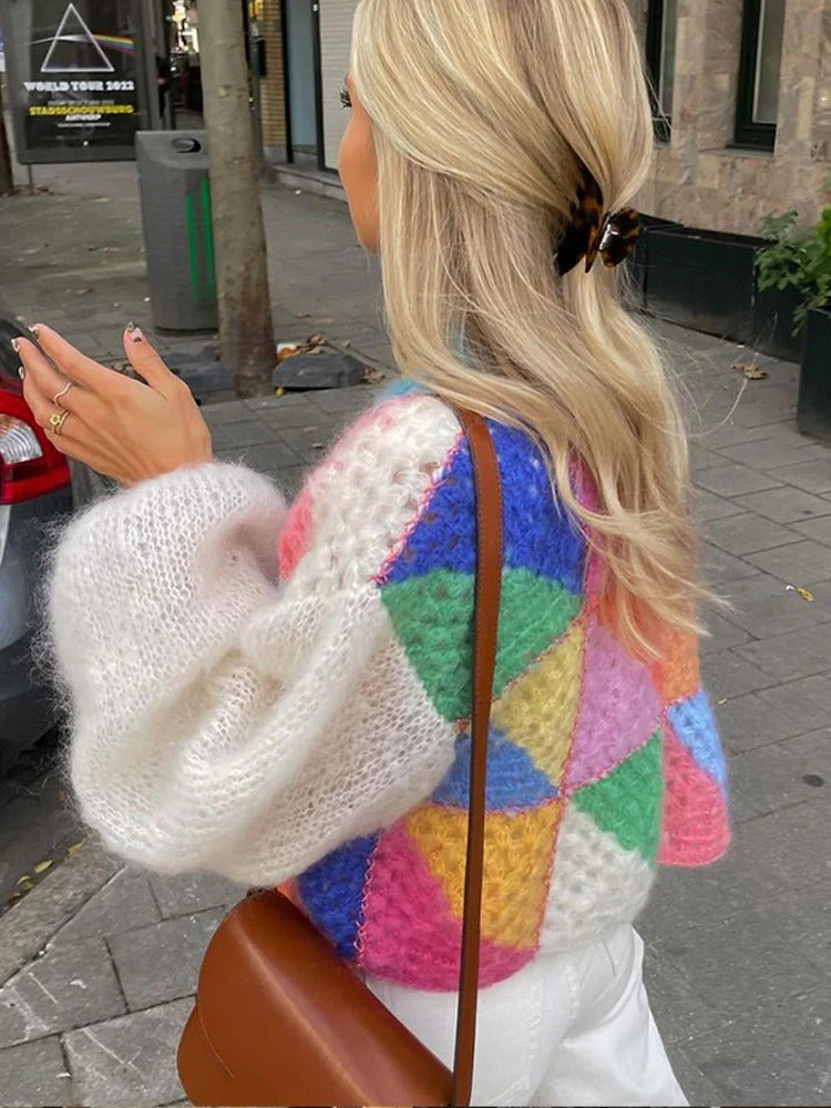 Colourful knitted short cardigan with puff sleeves for women - Aleta