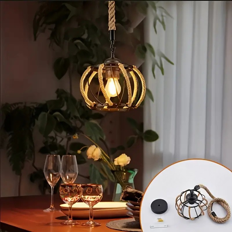 Industrial Pendant Light with Braided Rope and Metal Frame for Interiors