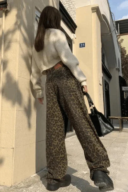 Brown Palazzo Trousers with Leopard Print and High Waist