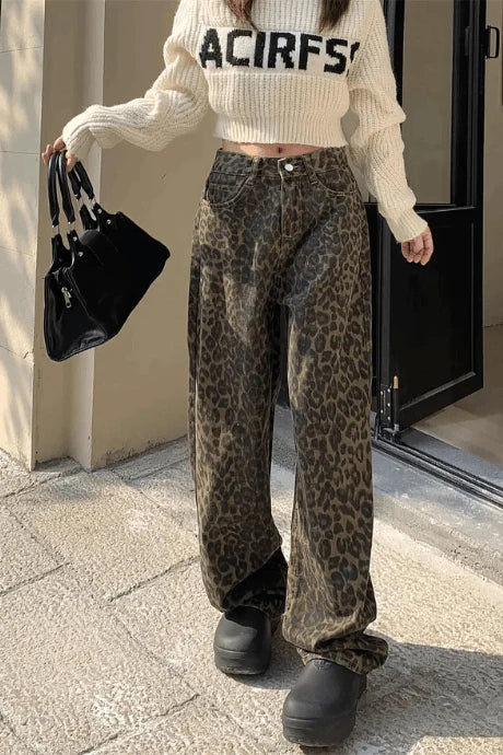 Brown Palazzo Trousers with Leopard Print and High Waist
