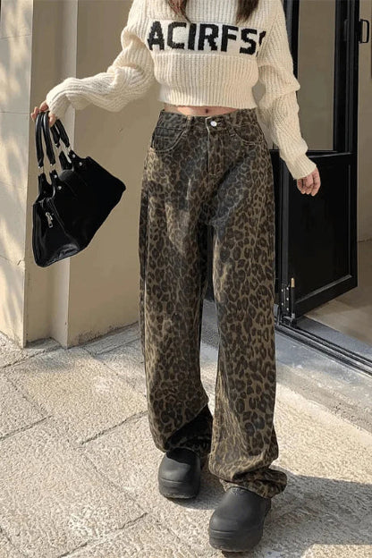 Brown Palazzo Trousers with Leopard Print and High Waist