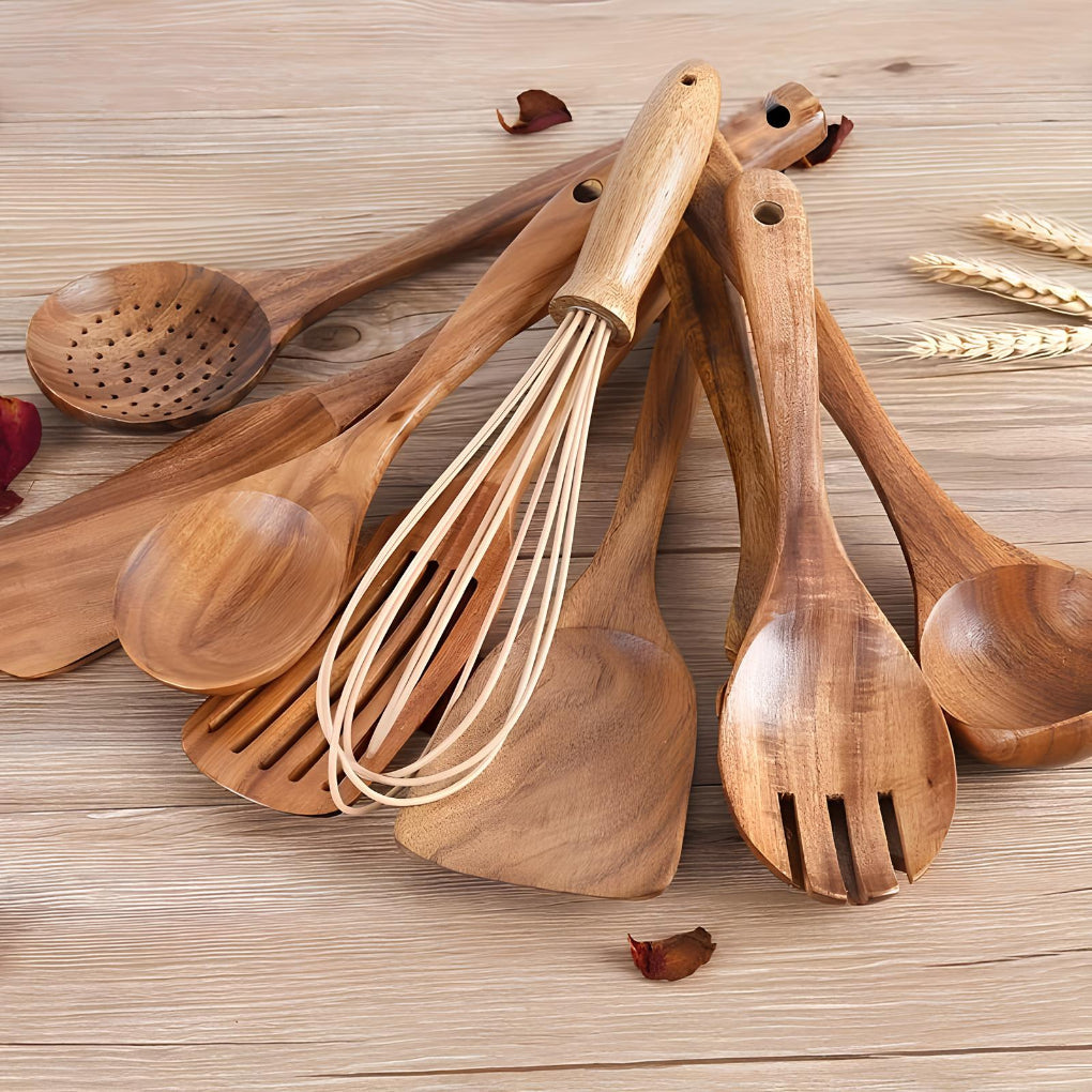 11-Piece Teak Kitchen Utensil Set with Holder