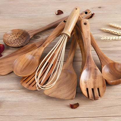 11-Piece Teak Kitchen Utensil Set with Holder
