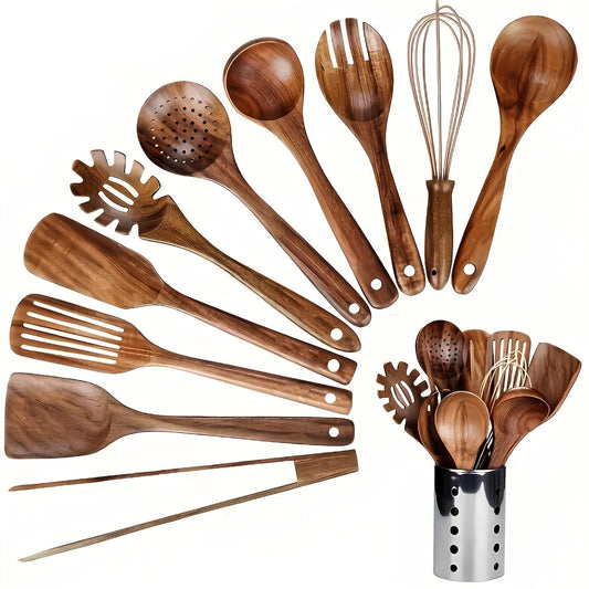 Set de utensilios de cocina de teca de 11 piezas con soporte