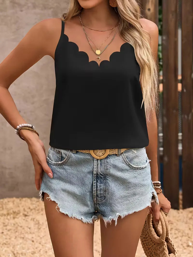V-neck tank top with scallop trim