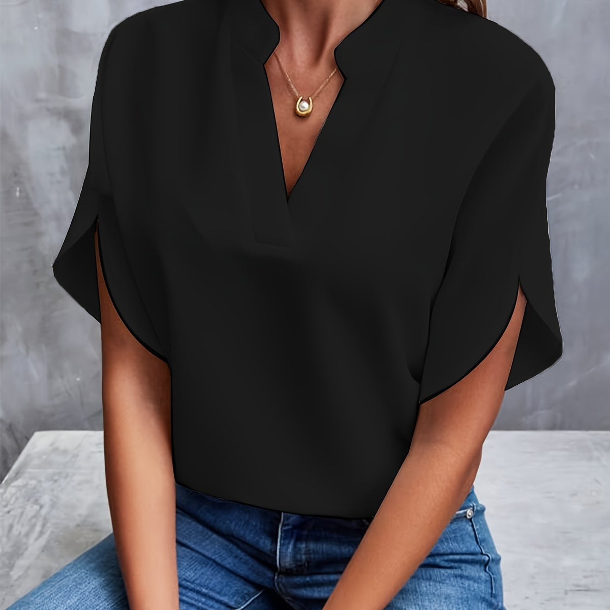 Ladies Elegant Blouse with V-Neck and Short Sleeves