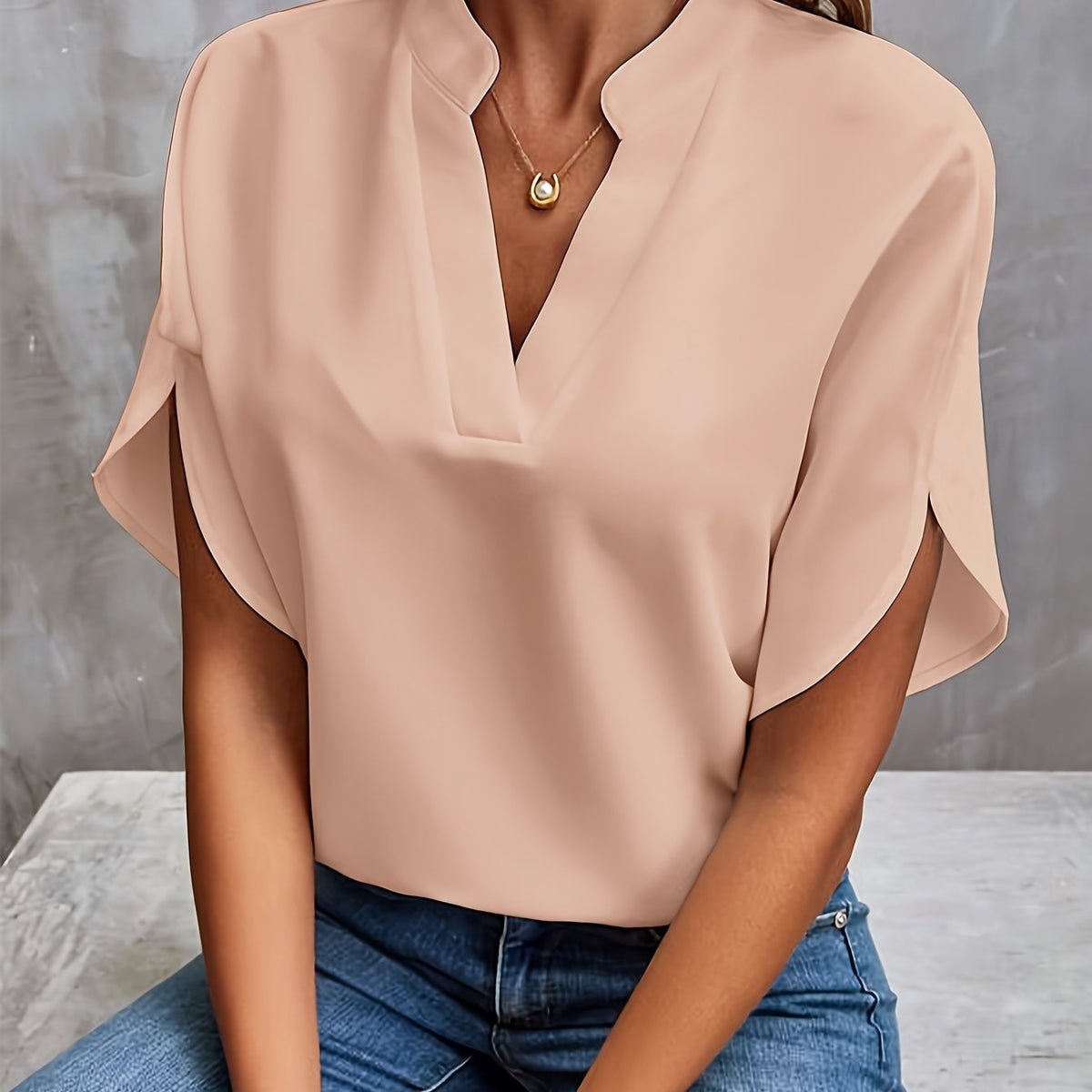 Ladies Elegant Blouse with V-Neck and Short Sleeves