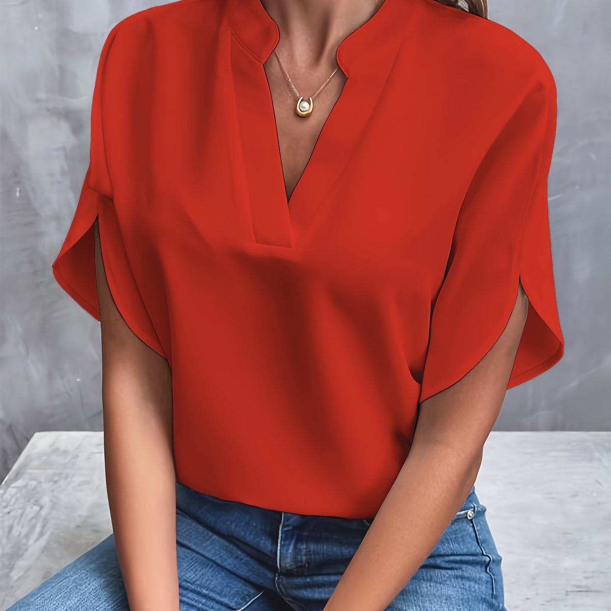 Ladies Elegant Blouse with V-Neck and Short Sleeves