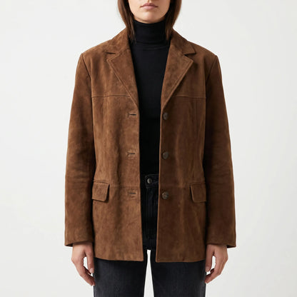 Ladies Short Suede-Look Jacket with Notched Collar and Flap Pockets