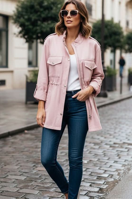 Ladies' Stylish Utility Jacket with Zip and Drawstring