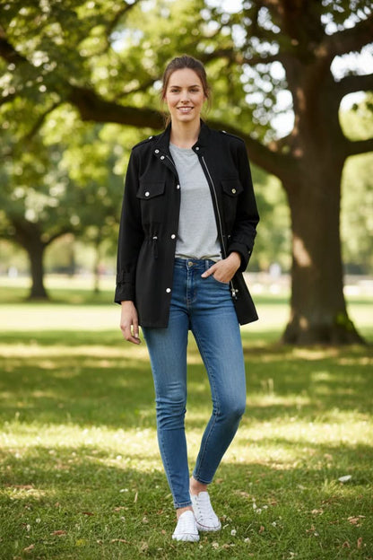 Ladies' Stylish Utility Jacket with Zip and Drawstring