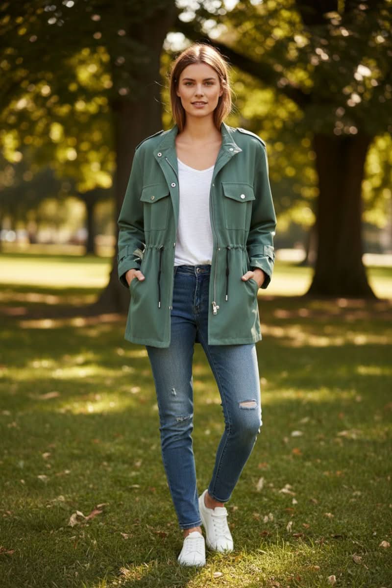 Ladies' Stylish Utility Jacket with Zip and Drawstring