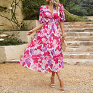 Midi dress with puff sleeves and V-neck - Olivia