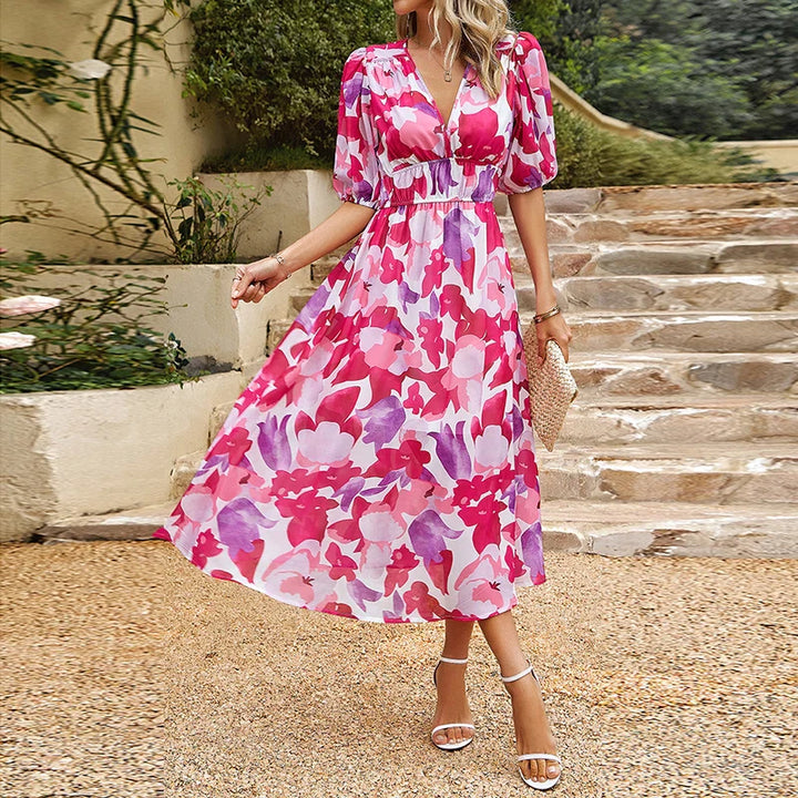Midi dress with puff sleeves and V-neck - Olivia