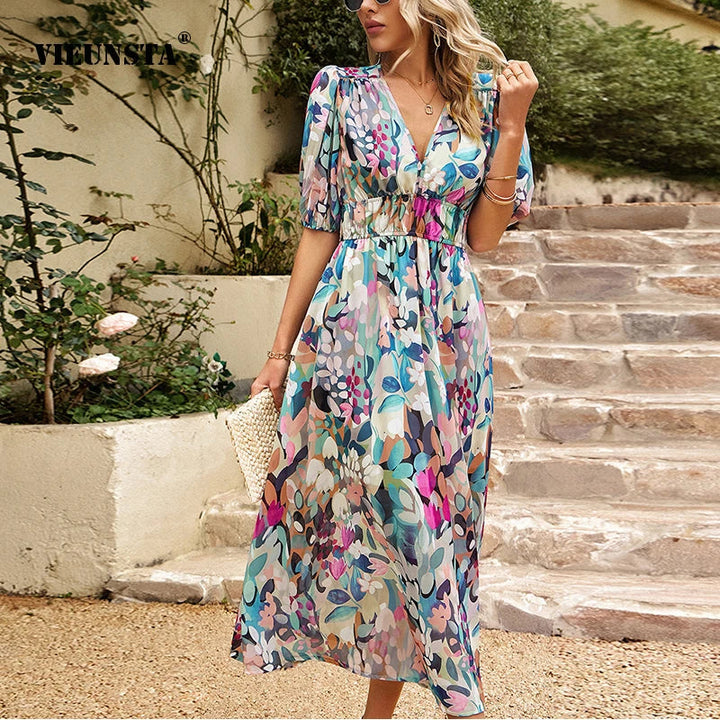 Midi dress with puff sleeves and V-neck - Olivia