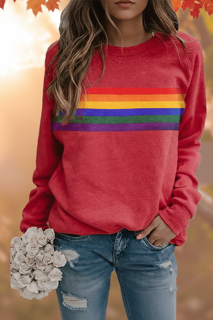 Ladies Casual Sweater with Rainbow Stripes and Round Neck