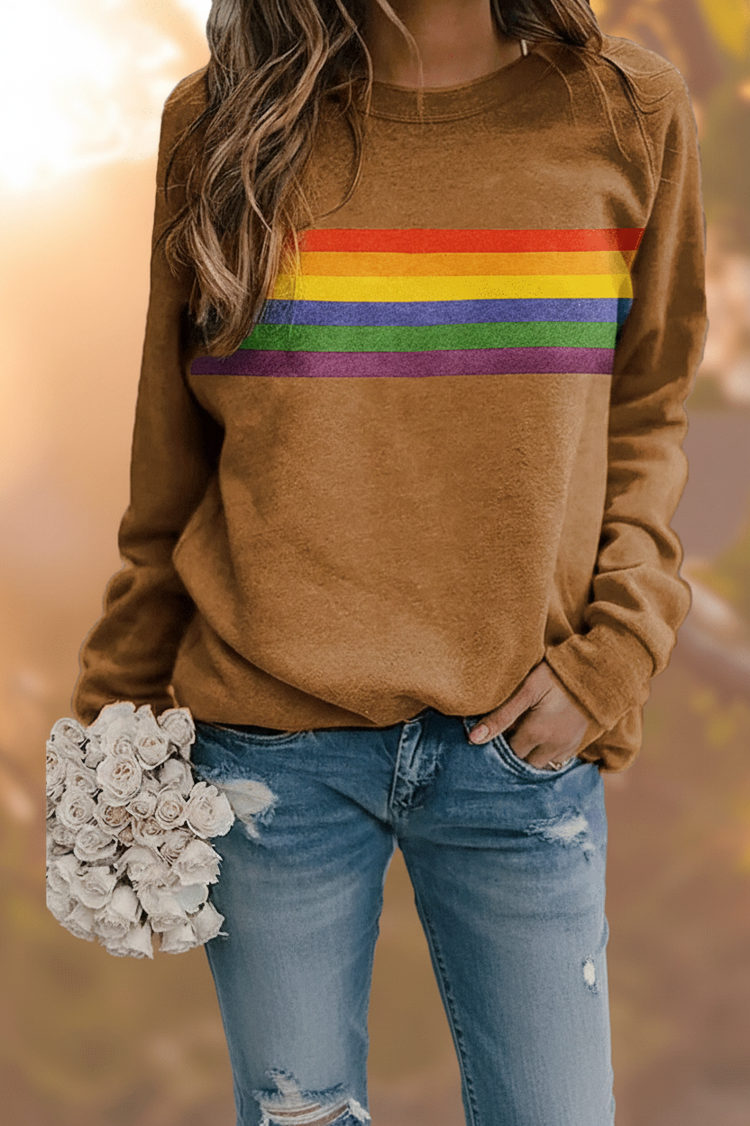 Ladies Casual Sweater with Rainbow Stripes and Round Neck