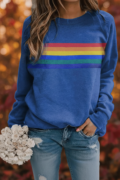 Ladies Casual Sweater with Rainbow Stripes and Round Neck