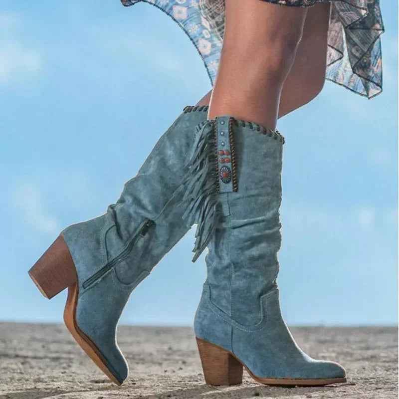 Stivali vintage da donna al ginocchio con nappine - Edith