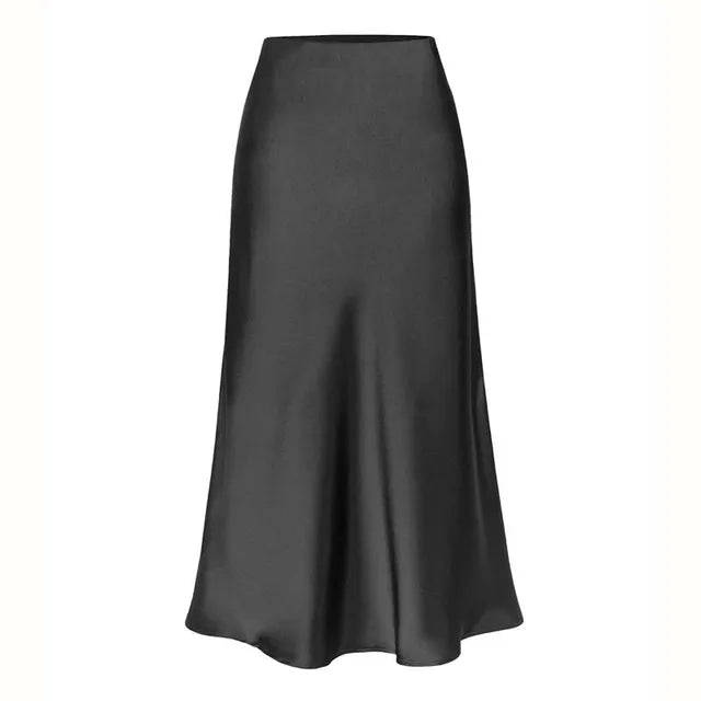 A-Line Satin Look Midi Skirt for Women with Split and High Waist